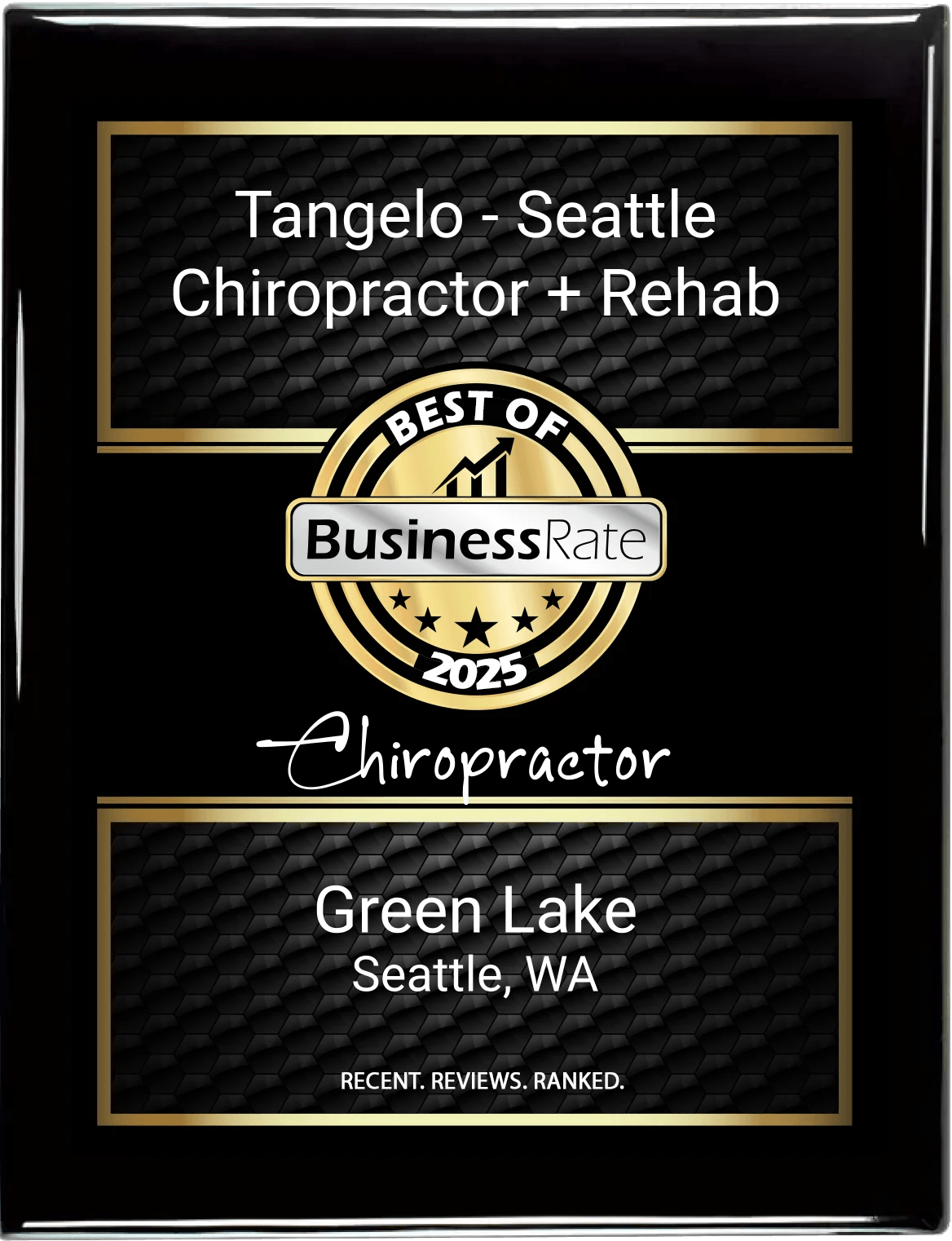 Business Rate award badge recognizing Tangelo Health as Green Lake’s Best Chiropractor of 2025 in Seattle.